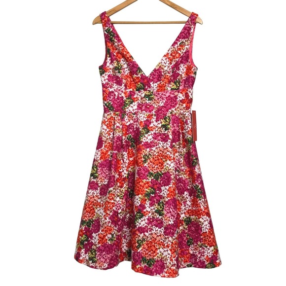 Monique Lhuillier Pink Floral Fit Flare Dress V Neck Size 10 Anthropologie FLAW - Picture 2 of 11